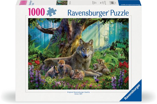 Ravensburger 1000-delige puzzeldoos met afbeelding van een wolf met welpen in een bos.