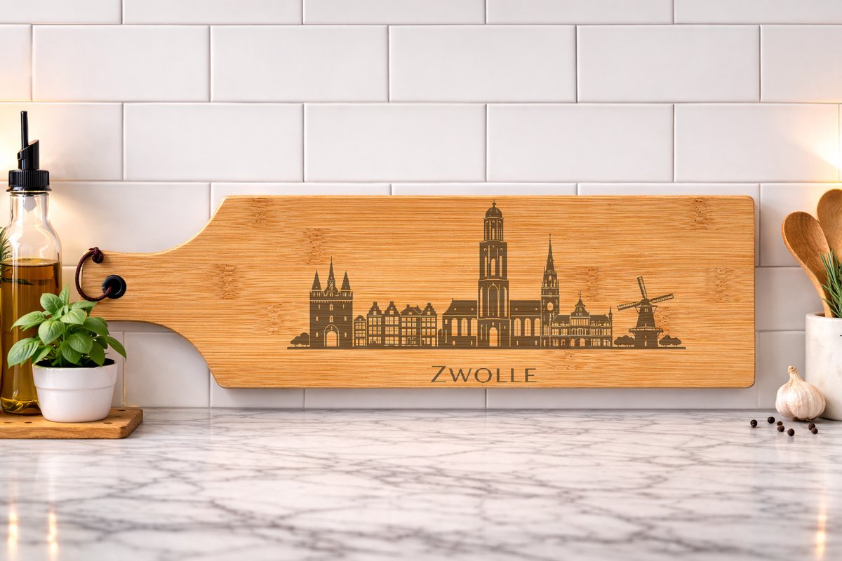 Borrelplank Skyline Zwolle gegraveerd 60x17cm- serveerplank-personalisatie mogelijk