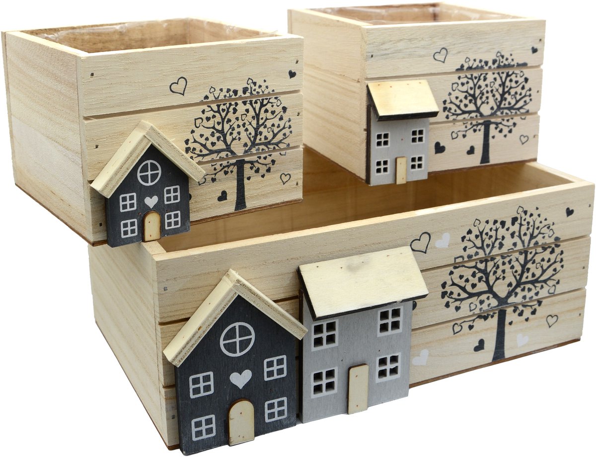 UNUS® Kisten houten whitewash beplantbaar klein 26x16x10cm set van 3