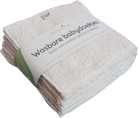 Stapel zacht, ecru wasbare babydoekjes met een wikkel waarop 'Wasbare babydoekjes' staat.