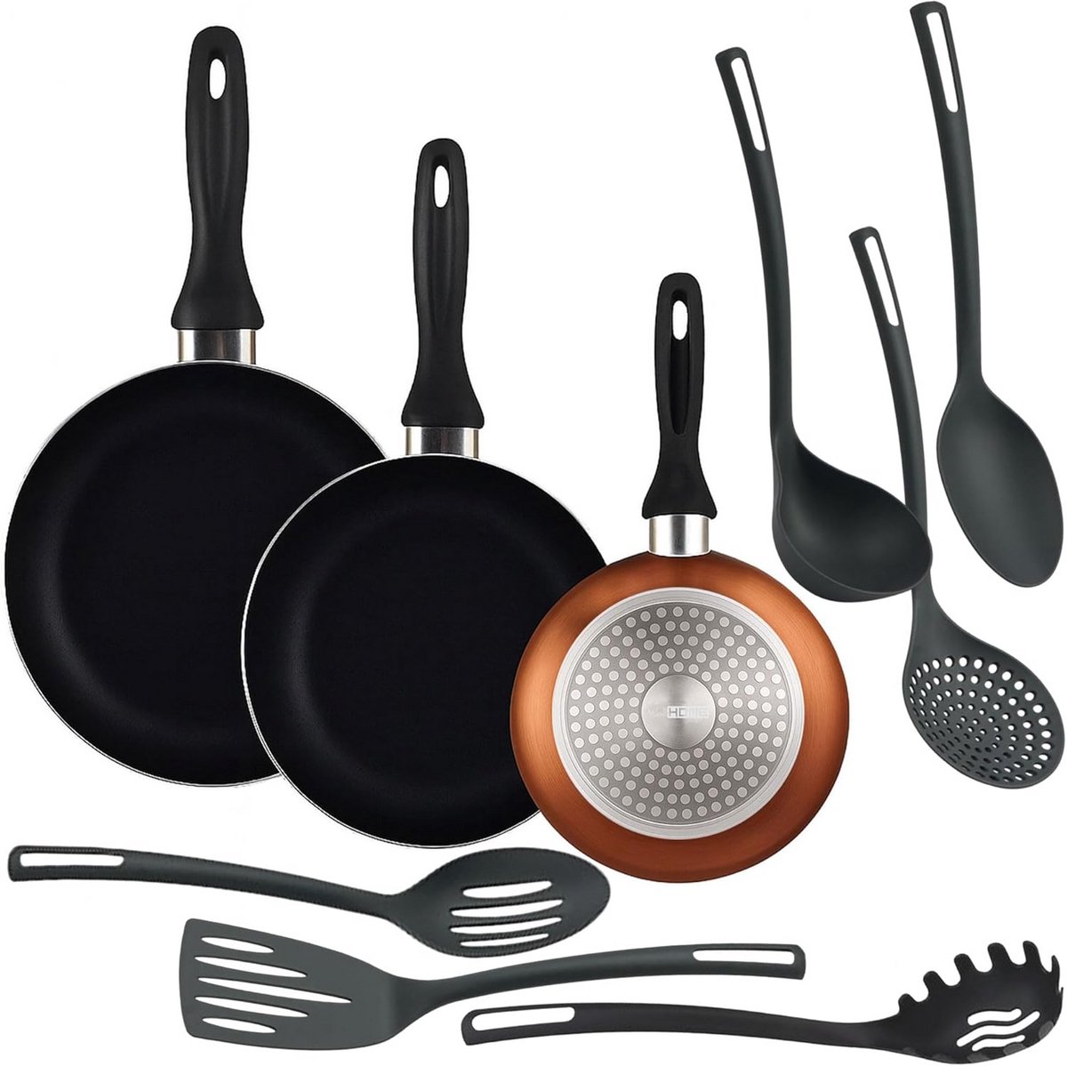 Set van 3 Koekenpannen Aluminium Inclusief 6 Keukenhulpjes