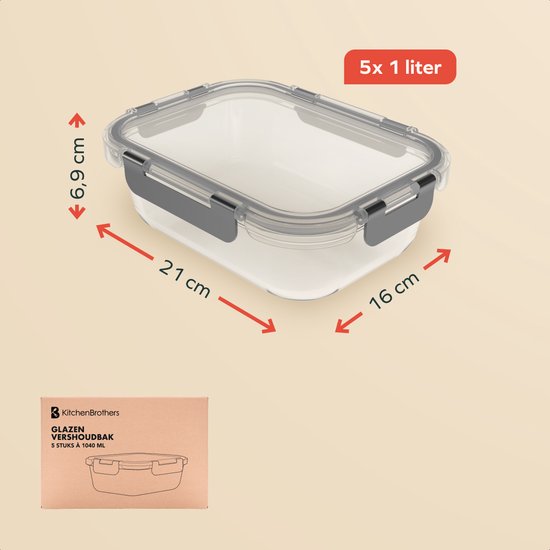 KitchenBrothers repas de Prep des conteneurs - 5 pièces - Couvercle hermétique - sans BPA - 1 litre - Glas