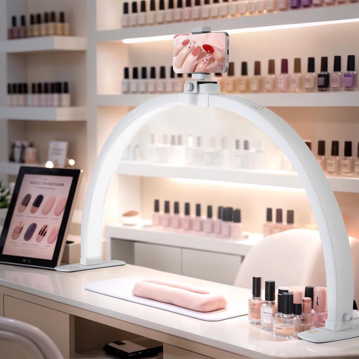 GELLDG Halvemaanvormige nagellamp - Opvouwbaar - LED-nagellamp - Met telefoonhouder - 3 kleurstanden en 10 helderheidsniveaus - Nageltafelaccessoire - Geschikt voor schoonheids-/wimperverzorging - Wit