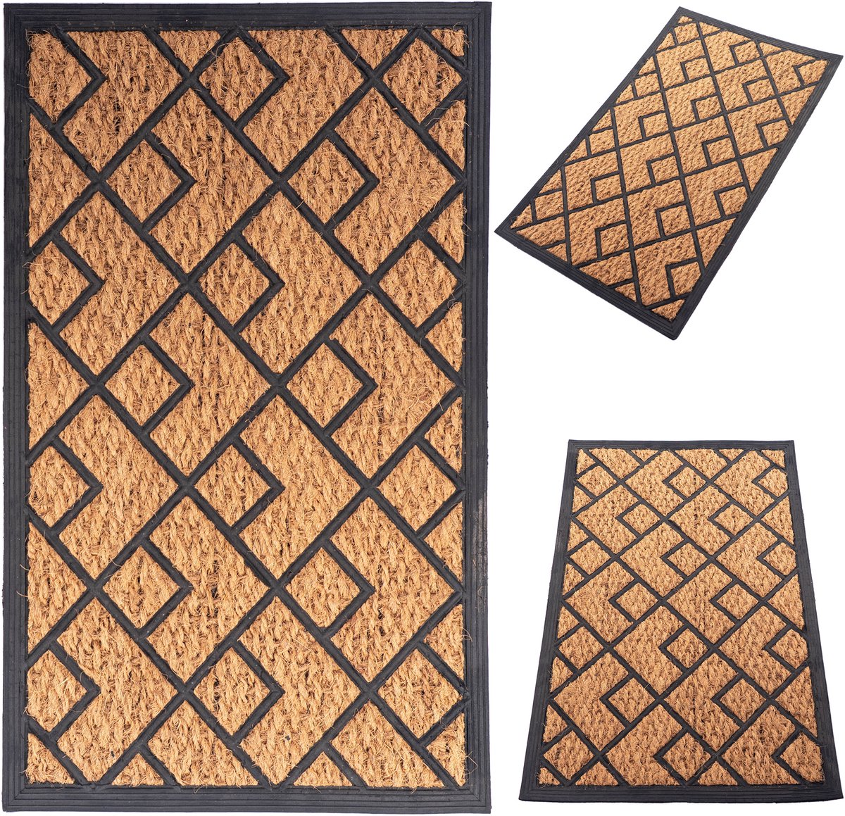 KADAX kokosmat 45 x 75 cm, rechthoekige deurmat van kokos en rubber, antislip deurmat voor buiten, vuilvangmat met rubberen onderkant (vierkant patroon)