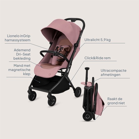 Lionelo Sia Buggy - Ultralichte Wandelwagen 5,9 kg – Ultracompact 18x51x49 cm – Eénhandbediening – Click&Ride Rem – inGrip Harnassysteem – Dri-Seat – Inclusief Muskietennet & Draagriem — afbeelding 4