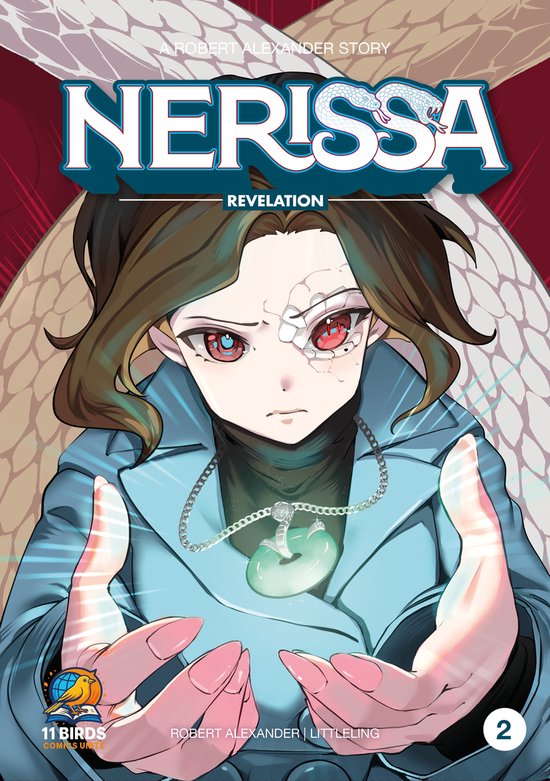 De cover van stripboek 'Nerissa 2 - Revelation' met anime-stijl afbeelding van een meisje met rode ogen en een jade ketting.
