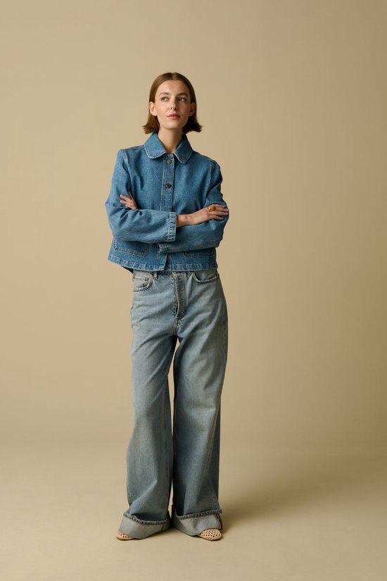 Lichtblauwe High Waist Wide Leg Jeans Met Omgeslagen Pijpen