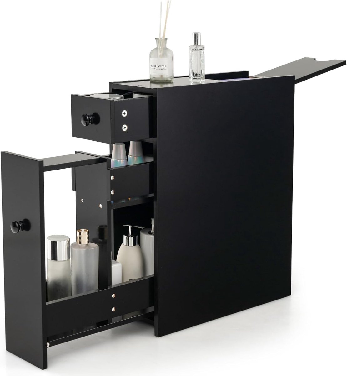Smalle Nichekast met Laden – Compacte Badkamer- of Keukenkast, Zwart (48 x 15 x 58 cm)