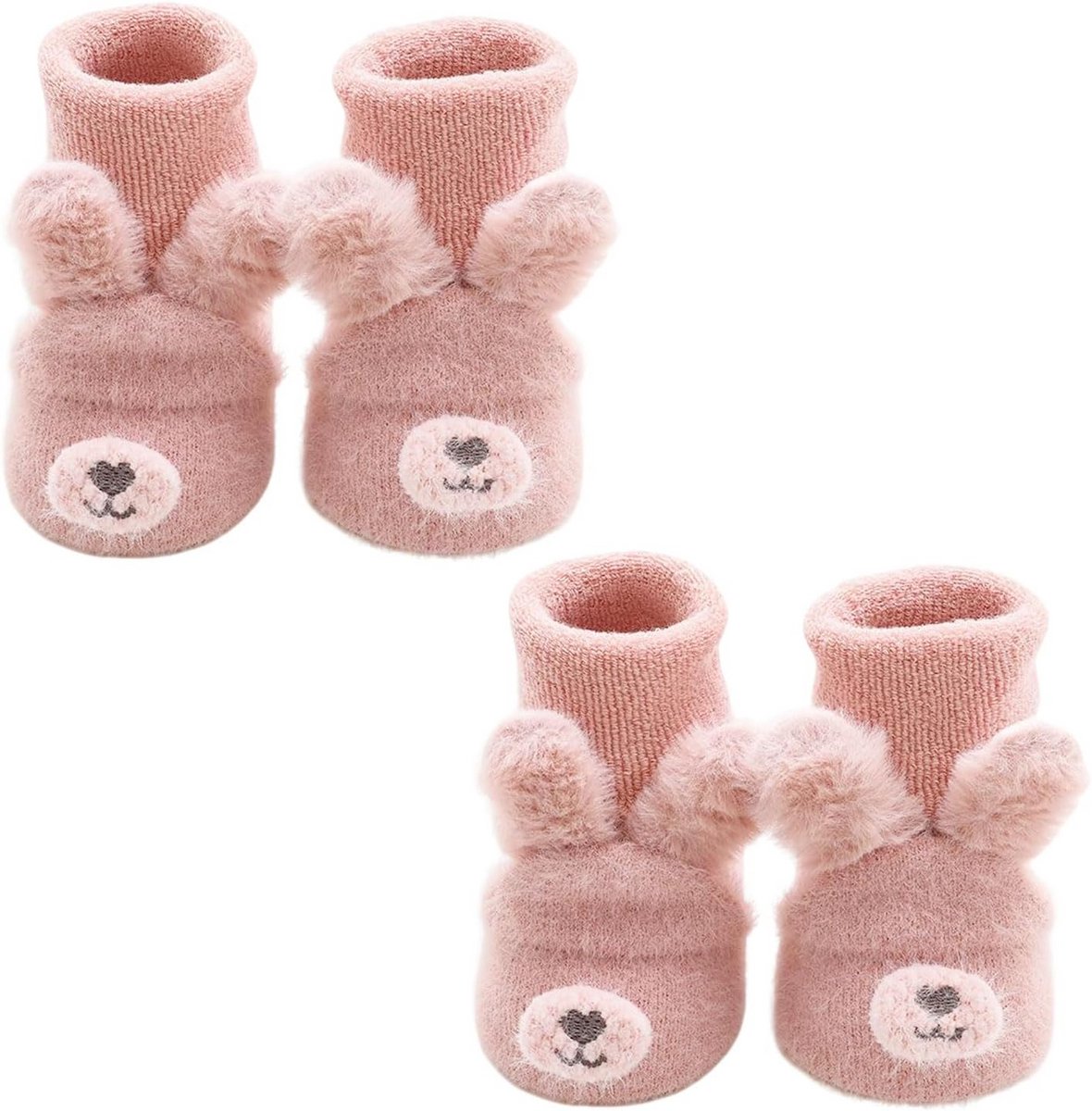 2 Paar Roze Antislip Babysokken met Cartoon, Warme Sokken voor Peuters (1-3jr)