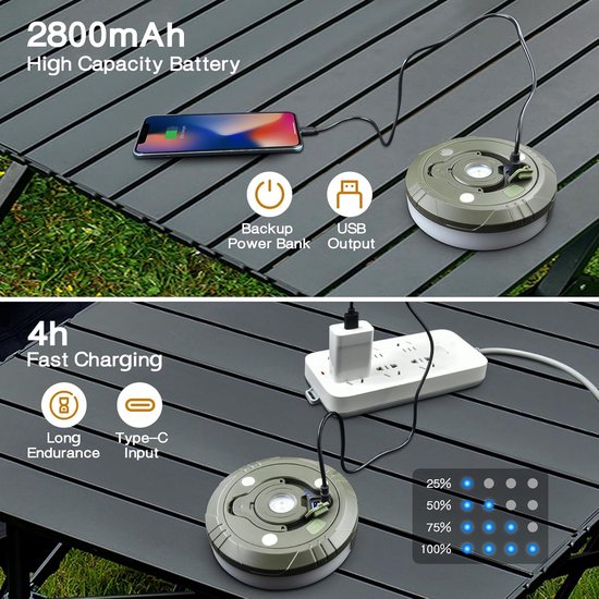 Camping Lichtsnoer - 10 Meter - 5 lichtstanden - IP44 Waterdicht - 2000mAh polymeer - Camping Decoratieve Lichtsnoer - Oprolbaar - Kampeerlamp Oplaadbare Kampeerlamp met Lichtsnoer - Warm-Wit - Lampjes — afbeelding 5