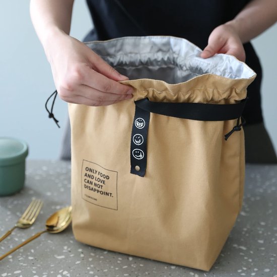 Canvas lunchtas met trekkoord, geïsoleerde lunchtas, Japanse stijl, bento-tas, herbruikbare lunchtas, geïsoleerde handtas met handvat en trekkoordsluiting voor dames, werk, picknick of reizen (GEEL) — afbeelding 2