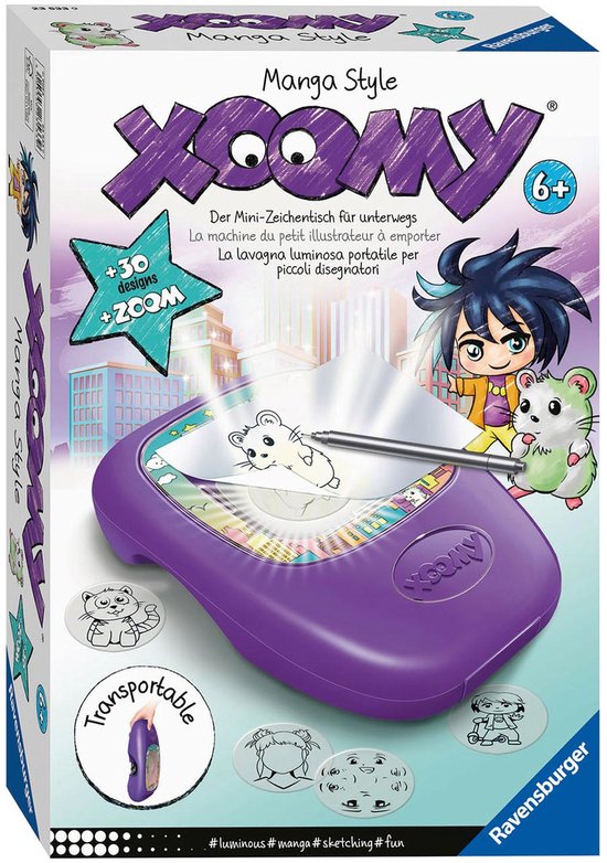 Paarse Xoomy midi-tekenmachine met manga-stijl jongen en hamster, inclusief 30 designs.