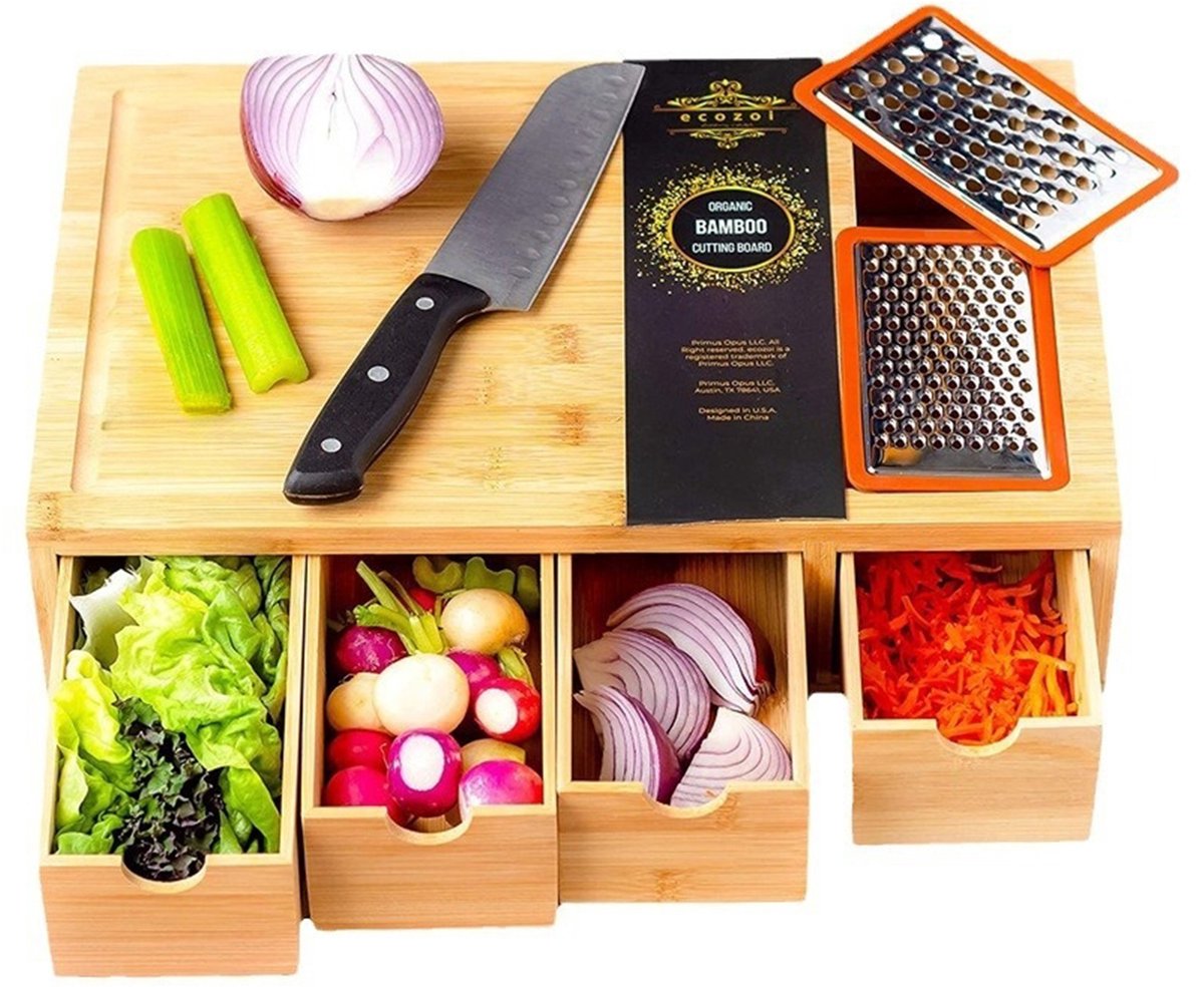 CHIWIN Snijplank Bamboe Met Opvangbakjes – Multifunctioneel Hakblok Met 4 Snij-Inzetten – Snijplank Met Sapgeul – Houten Keuken Snijplank Voor Groente, Fruit & Vlees