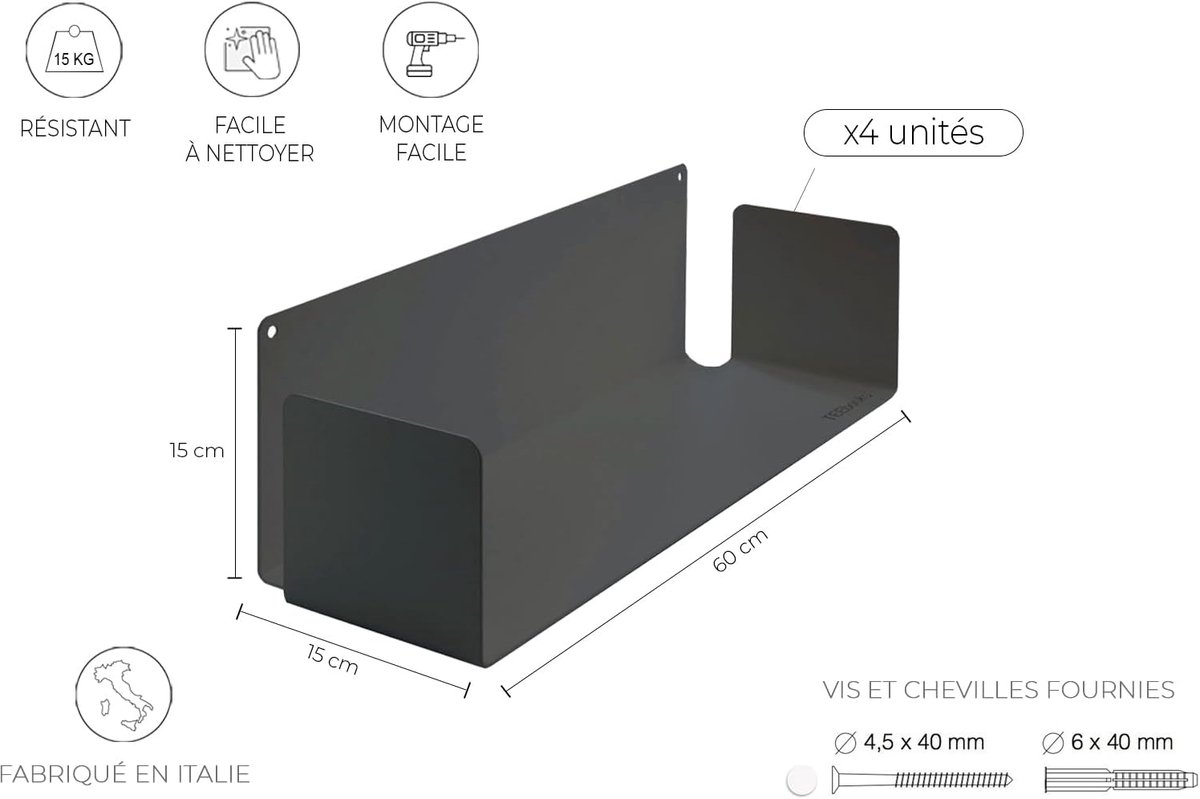 Boekenkast -Zwevende wandplanken Casa Velluto Invisio 60 cm – Set van 4 – Onzichtbaar design wandrek – Minimalistische wandbibliotheek – Hoogwaardig staal – Grijs – Wandmontage
