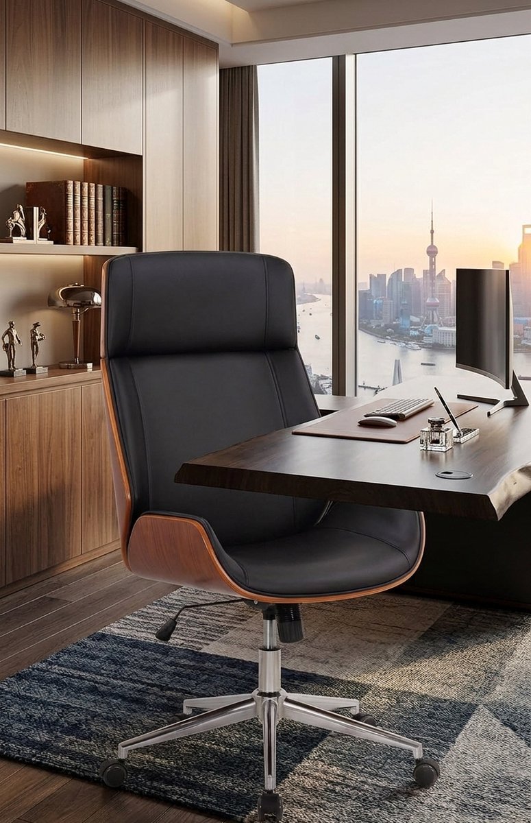 Luxe Ergonomische Bureaustoel – Walnoot/Zwart – In Hoogte Verstelbare Draaibare Kantoorstoel met Kantelfunctie en Armleuningen – Geschikt voor Thuiswerk, Gaming en Tienerkamer – Max. 120 kg,Casa Serena