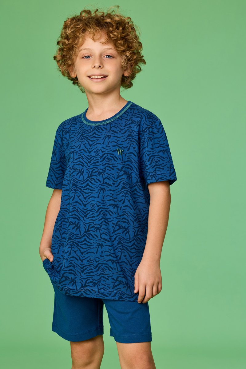 Woody Jongens-Heren pyjama palmbomen print blau - maat S