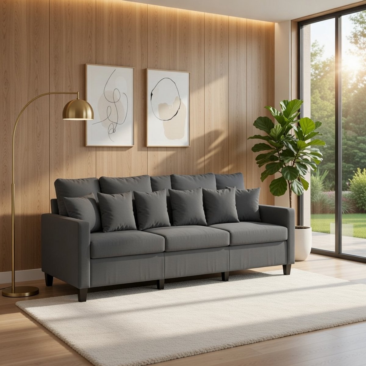 Luxe 3-zits Loungebank 180 cm Donkergrijs met Metalen Frame en Rugkussens - Moderne Design