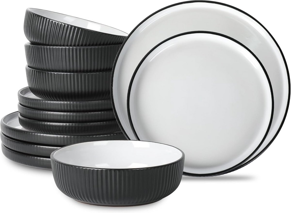12-Delige Zwarte Aardewerk Servies Set voor 4 Personen - Modern Diner Servies