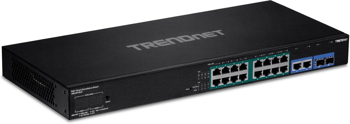 18-Poorts Gigabit PoE+ Smart Surveillance Switch met 2 SFP-slots en 220W Budget
