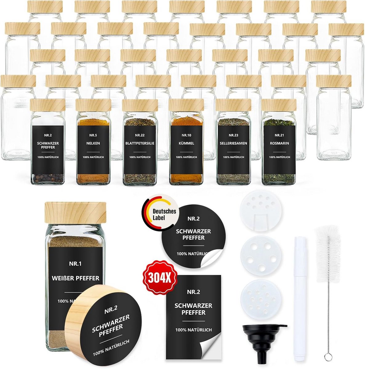 Set van 36 Vierkante Kruidenpotjes met Etiketten en Zeefdeksel 120ml
