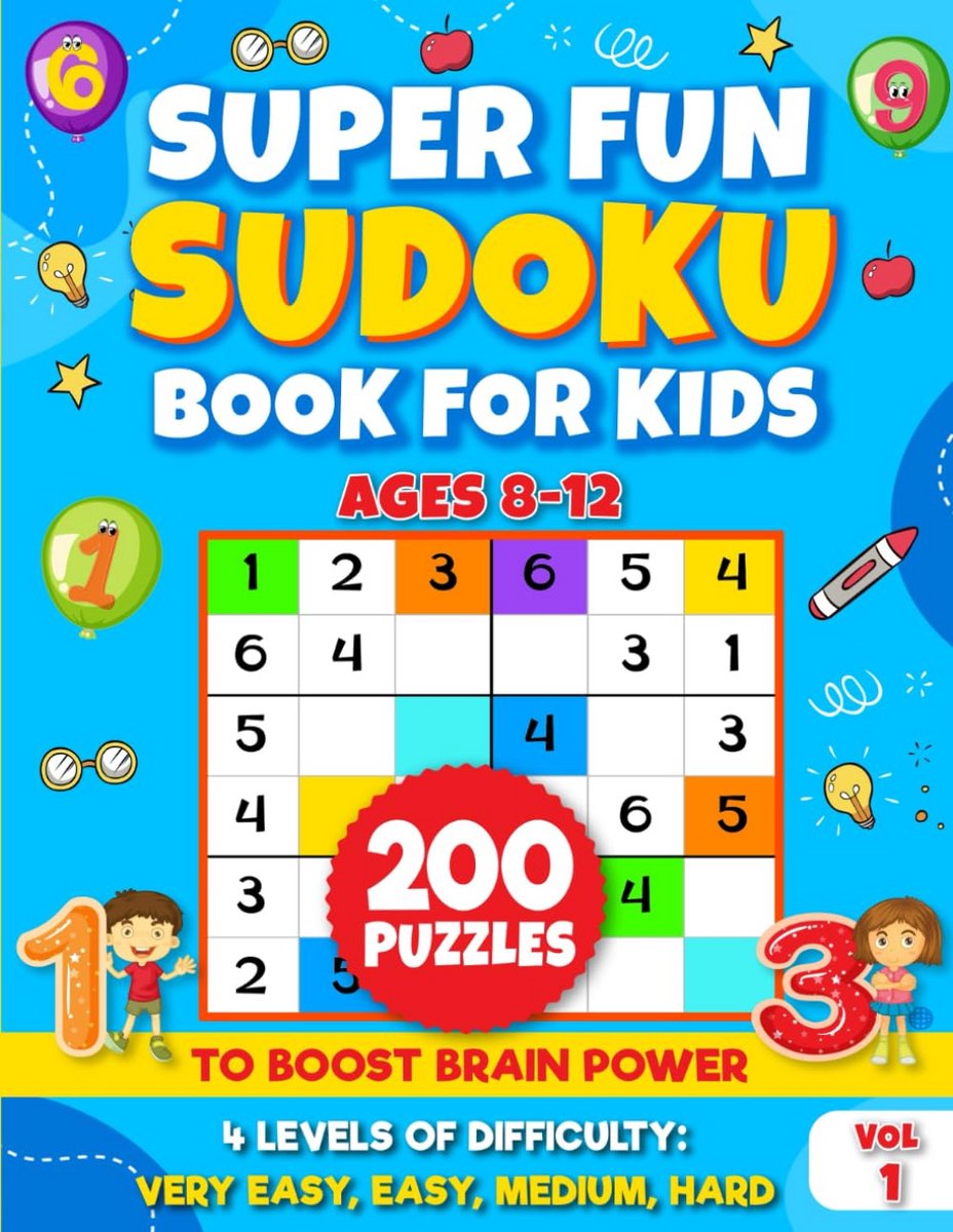 Sudoku Puzzelboek voor Kinderen 8-12 Jaar: 200 Puzzels met 4 Moeilijkheidsgraden, Grote Letters
