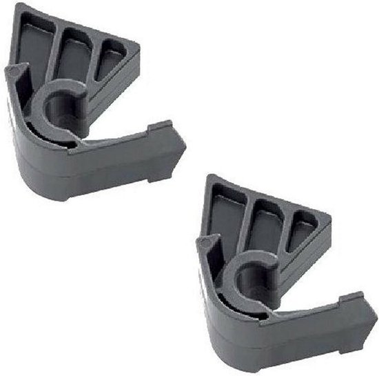 Twee grijze plastic hoekbeugels met een gebogen opening, ontworpen voor bevestiging.