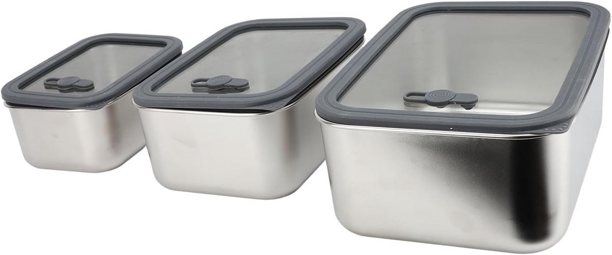 Set van 3 RVS Opslagcontainers met Luchtdicht Glazen Deksel