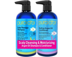 PURA D'OR Scalp Therapy Shampoo & Conditioner Set – Tegen Droge & Jeukende Hoofdhuid – Met Tea Tree, Pepermunt, Arganolie & Biotine – Hydraterend & Verzorgend – 2 x 473 ml – Voor Mannen & Vrouwen