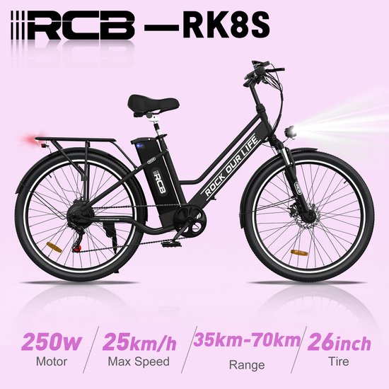 RCB Elektrische fiets - 26 inches - Max 25km/u - 250W motor -Tot 35-70 km - Met multifunctionele fietstas -Zwart