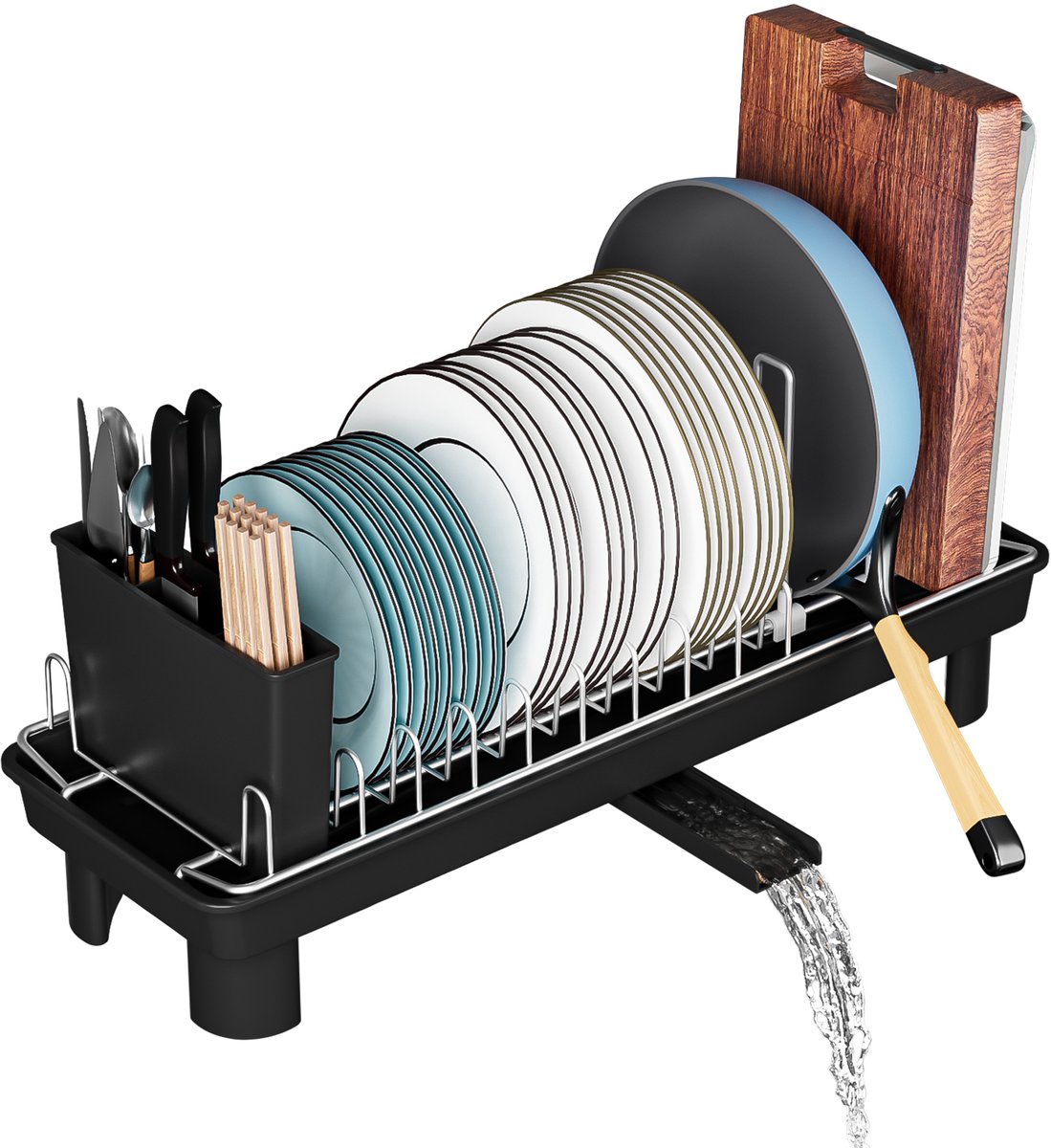 Dreamhigh® Afdruiprek voor servies - roestvrij afdruiprek voor servies - afdruiprek met afdruipvijzel en gebruiksvoorwerpenhouder voor ruimtebesparende bezoeken - keuken - kamperen (43 x 17,5 x 8 cm)