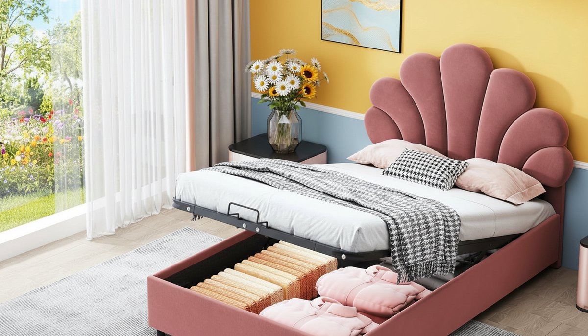 Tienerbed 90x200 cm met Hydraulische Opbergruimte – Casa Velluto Rosa Bellezza Fluweel Roze – Verstelbaar Hoofdbord – Gestoffeerd Meisjesbed met Lattenbodem