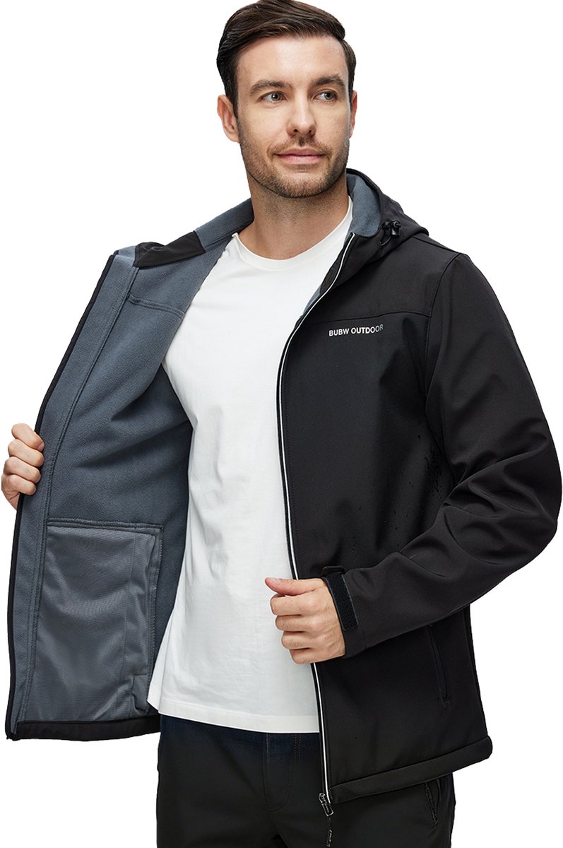 BUBW® Windjack Outdoorjas Heren Softshell Jas met Capuchon Winddicht Waterafstotend Ademend Fleece Gevoerd Rits Zakken Outdoor Zwart