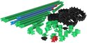 Groene, blauwe en rode flexibele buisjes met zwarte tandwielen en groene koppelstukken.