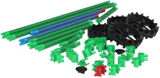 Groene, blauwe en rode flexibele buisjes met zwarte tandwielen en groene koppelstukken.