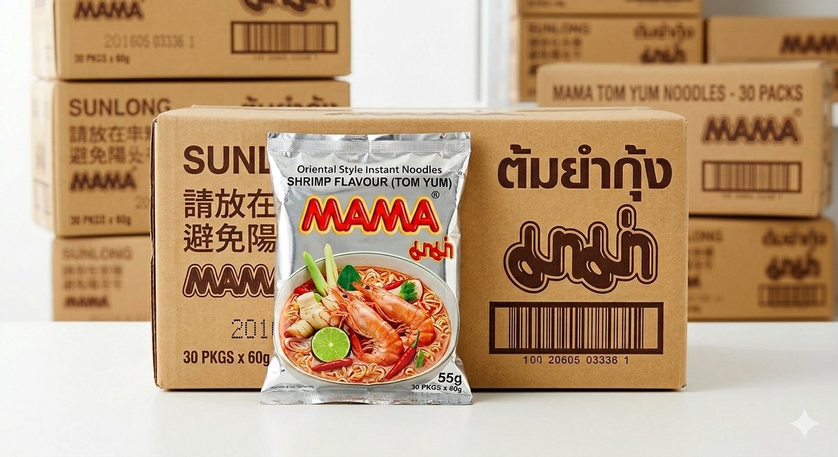 2 kartonnen Mama Shrimp Instant Noodles - 30 x 60 g (totaal 1,8 kg) - Garnalensmaak - Thaise instant noedelsoep - Bulkverpakking (vergelijkbaar met Yum Yum) met Kajal-sticker