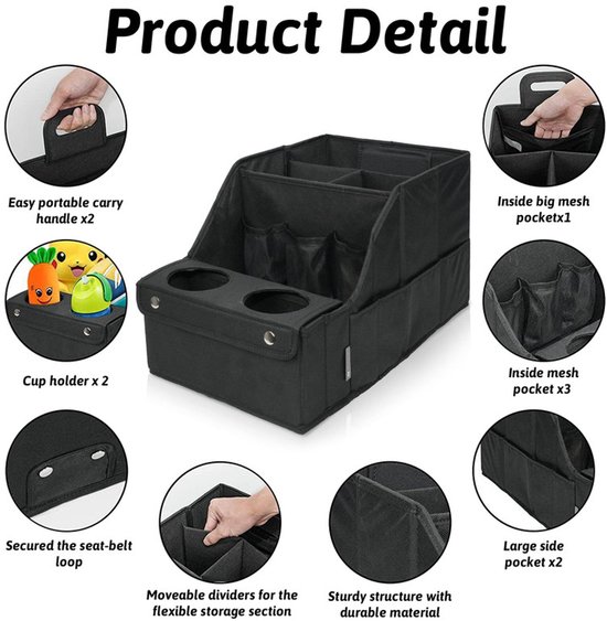 Opbergbox voor de kofferbak van de auto - Organizer tas voor de autostoel - Opvouwbare opbergtas voor in de auto - Zwart - Opvouwbare kofferbak organizer tas — afbeelding 4