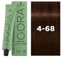 IGORA ZERO AMM verpakking en tube naast een staal van bruin haar met nummer 4-68.