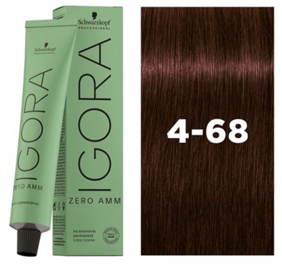 IGORA ZERO AMM verpakking en tube naast een staal van bruin haar met nummer 4-68.