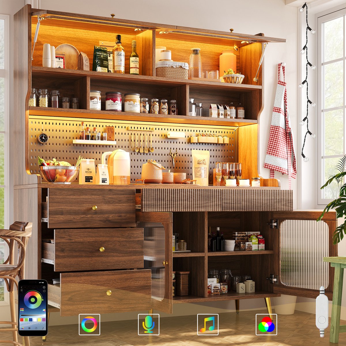 Moderne zijkast 145x39x171 cm - met LED-verlichting en app - hoge kast met geperforeerd paneel - lades en glazen planken - walnootkleur
