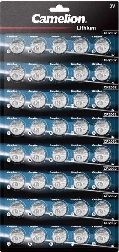 Verpakking met 20 Camelion CR2032 lithium 3V knoopcelbatterijen.