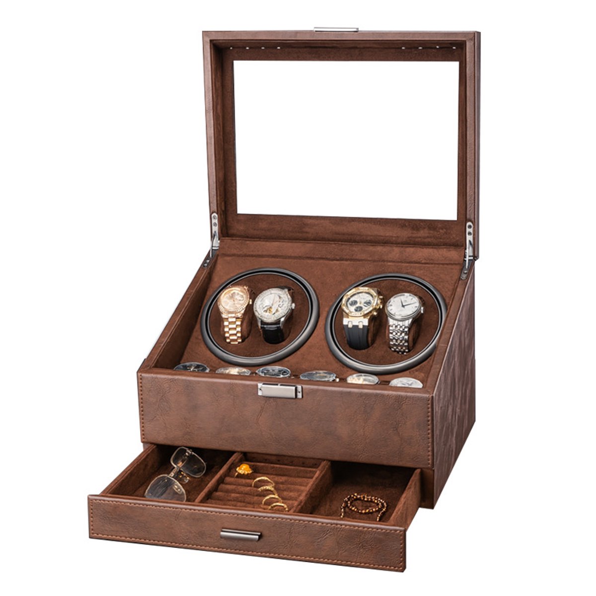 Gloovon® Watchwinder - Horlogewinder voor 4 Automatische Horloges - Inclusief 6 Extra Vakken Sieradenlade - LED Stop-functie - USB-C - Bruin