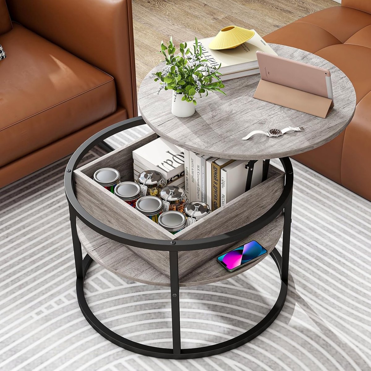 Ronde salontafel, salontafel met lifttop voor woonkamer 70D x 70B x 50,8H Grijs
