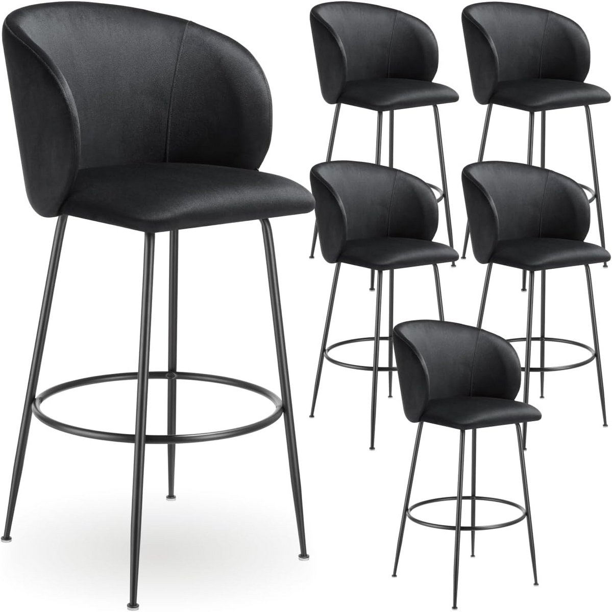 Set van 6 Barkrukken met Rugleuning en Voetensteun, Zwart Fluweel, Stabiele Poten