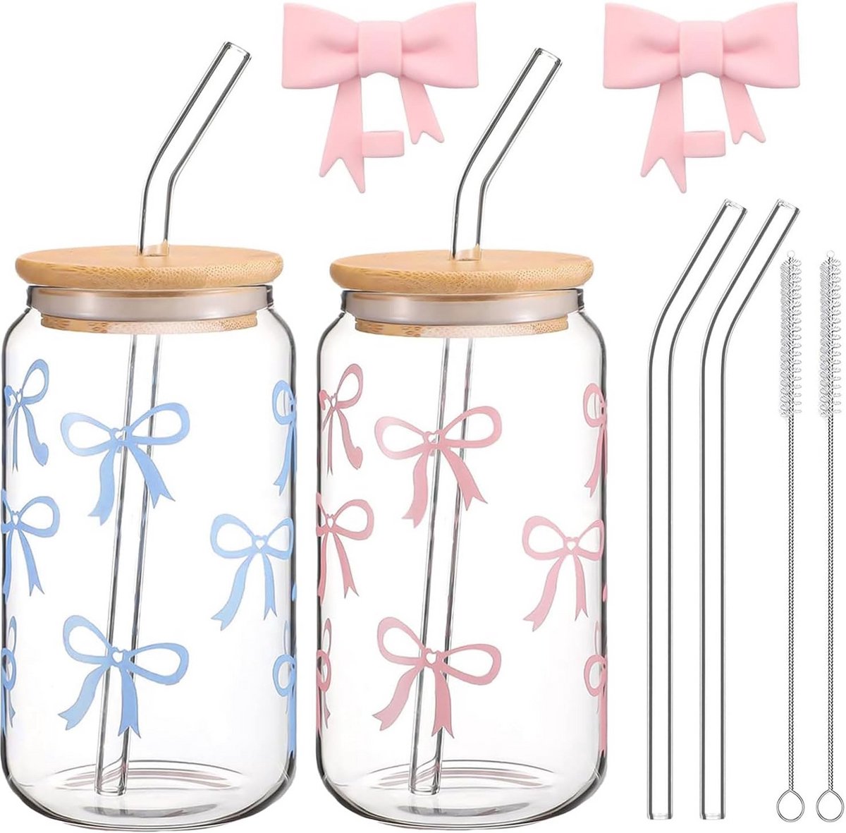2 Set Drinkglazen met Rietjes en Deksel Pastelroze