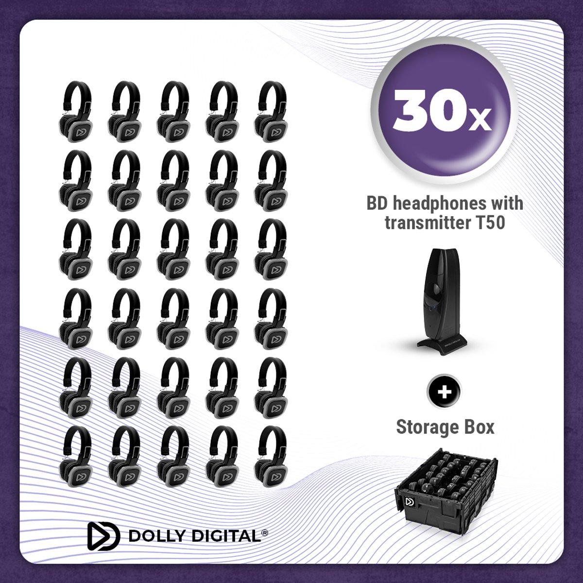 Complete Set 30x Dolly Digital© BD Draadloze Koptelefoons voor groepen + T50 Zender + Professionele Storage Box| Silent Disco