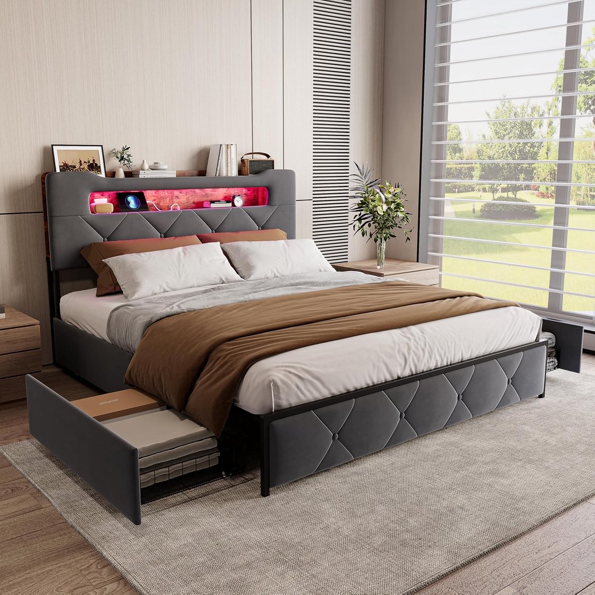 Tweepersoonsbed 160x200 met Opberglades en LED-verlichting Grijs Fluweel