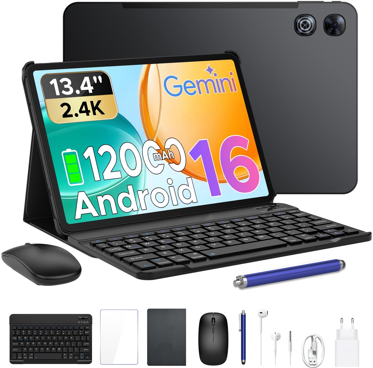 POCKAM P13 Tablets - 48 GB RAM 128 GB ROM - 13,4 inch 2,4K 120 Hz - Android 16 - Gemini AI - 12000 mAh/18 W - Face ID - Widevine L1 - 13 MP + 8 MP camera - Dubbele luidsprekers - Tablet met toetsenbord en pennenhouder - Zwart