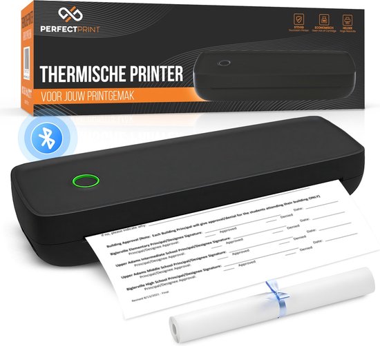 Zwarte PerfectPrint thermische printer met groene oplichtende knop, print een formulier.