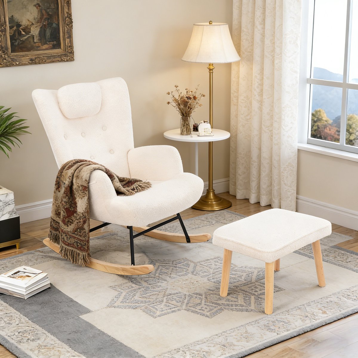 Schommelstoel met Voetenbank – Zijvak, Voetensteun, Relax Fauteuil voor Woonkamer, Slaapkamer, Babykamer, Teddy Stof Crème Wit