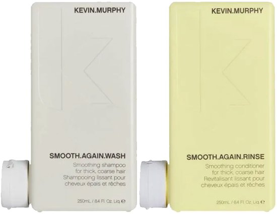 Ensemble KEVIN.MURPHY SMOOTH.AGAIN.WASH shampooing et SMOOTH.AGAIN.RINSE après-shampoing, tous deux en bouteilles de 250 ml.